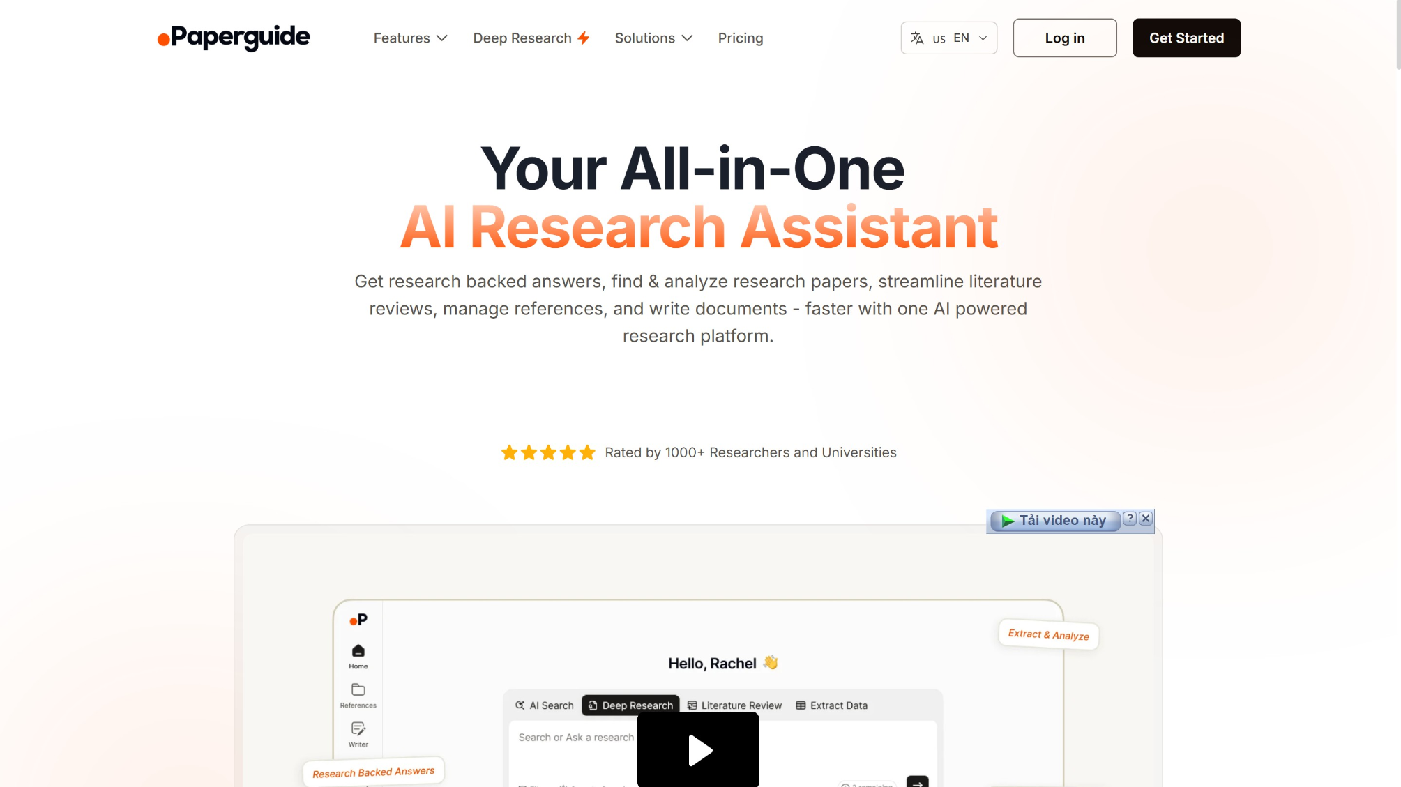 Paperguide dashboard showing the AI academic research assistant interface.