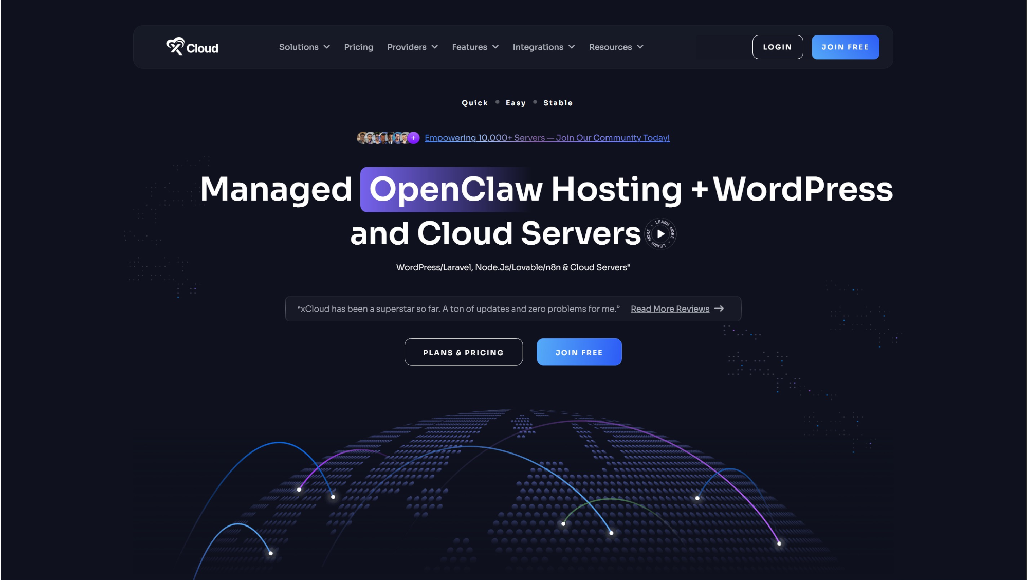 xCloud homepage hero section featuring Managed OpenClaw Hosting and WordPress cloud server deployment solutions.