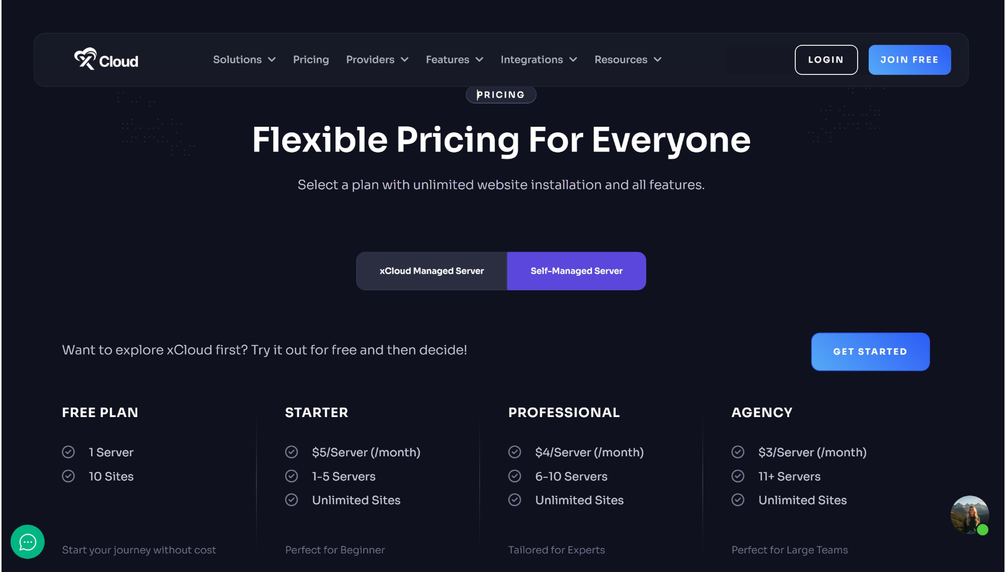 xCloud flexible pricing plans for self-managed servers including Free, Starter, Professional, and Agency tiers.