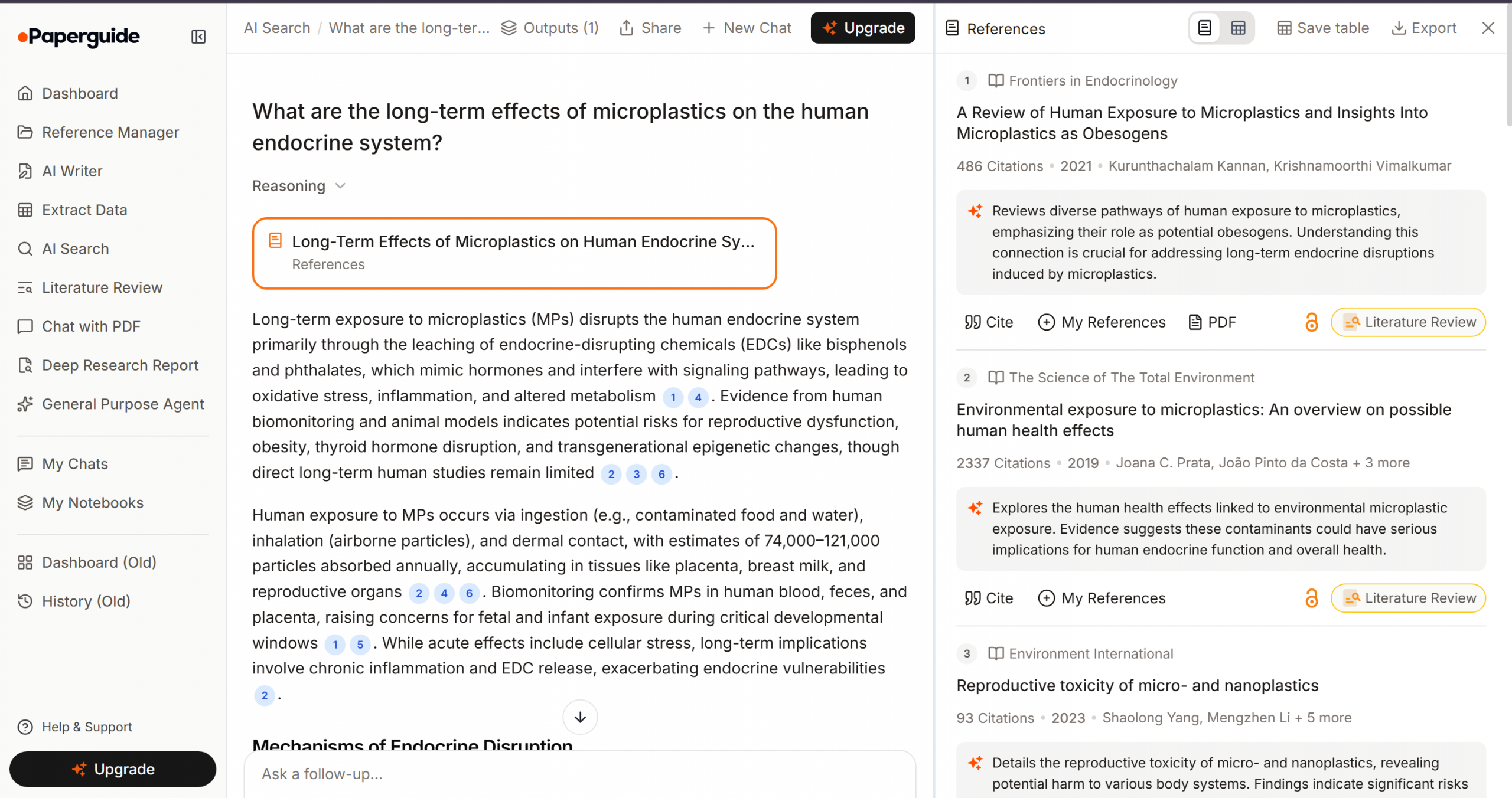 Paperguide AI chat showing verified in-text citations from published papers.