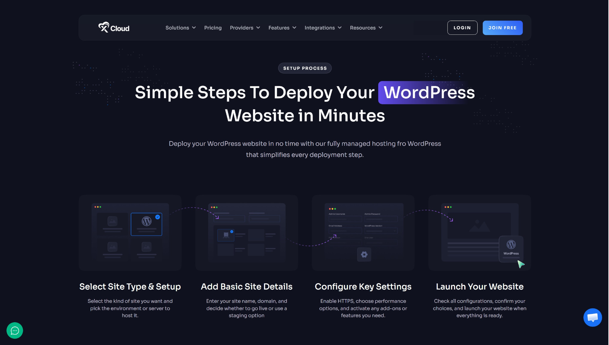 Four-step setup process dashboard on xCloud showing how to easily deploy a fully managed WordPress website in minutes.