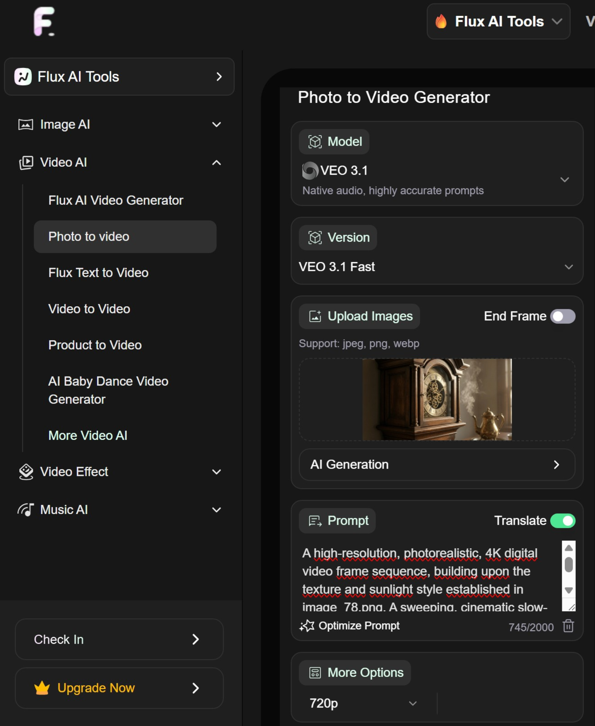 Create animation showing a static image brought to life by top rated generative ai video tools integrated inside Flux AI.
