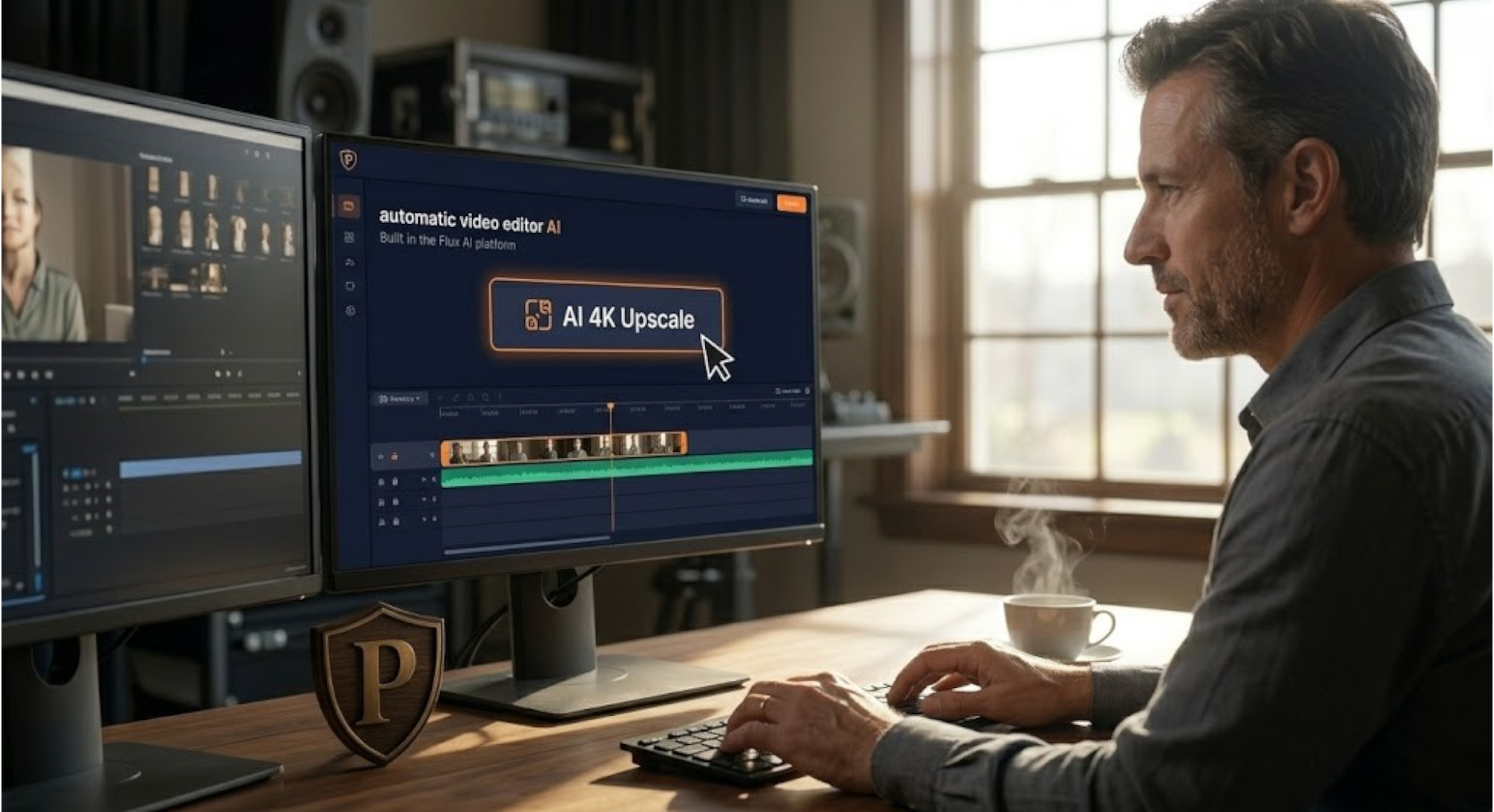 Cloud-based interface of the automatic video editor AI inside Flux AI, upscaling and polishing raw content to 4K resolution.
