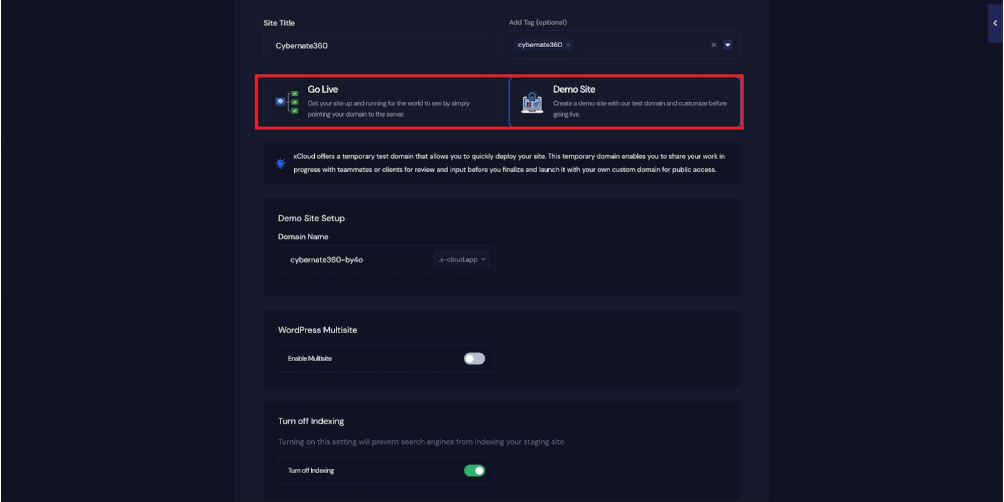 Two deployment modes: Go Live and Demo Site