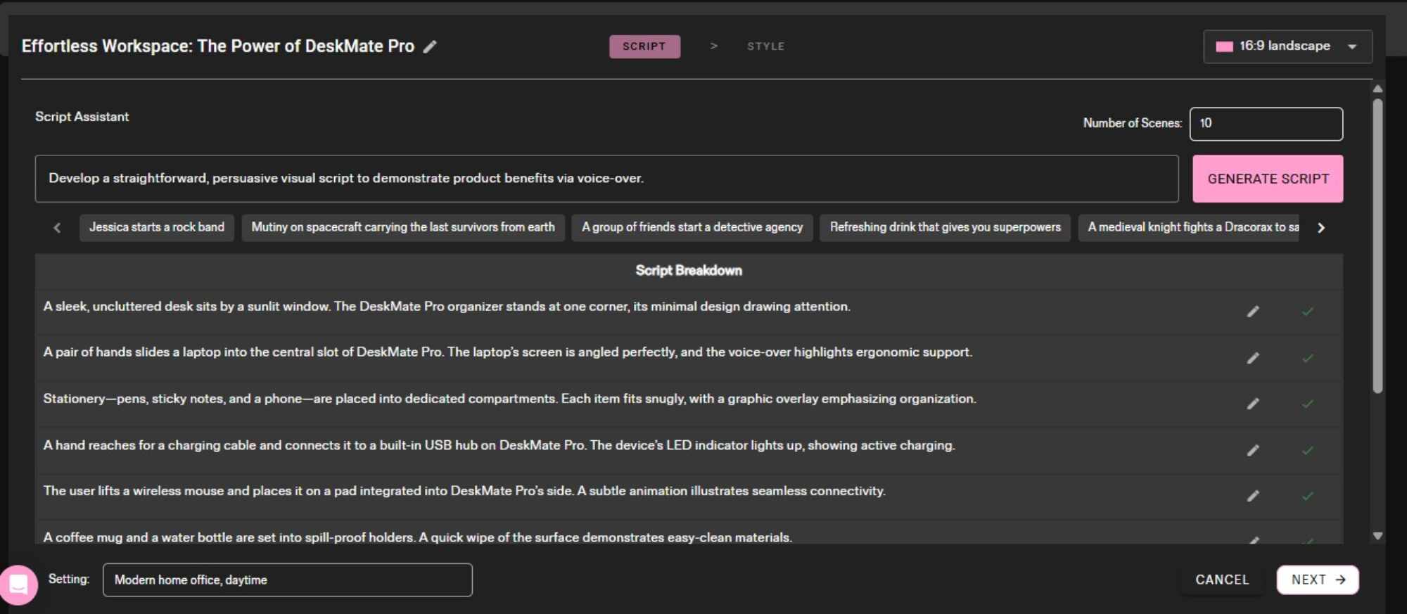 Using the AI Script Assistant to generate a scene-by-scene breakdown, showcasing how an automatic video editor AI saves time.