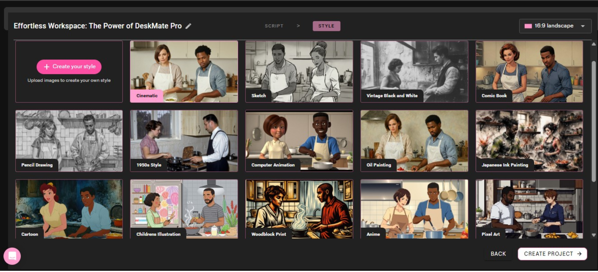 Selecting a visual style like Cinematic or Sketch before you create AI video free online using automated workflows.