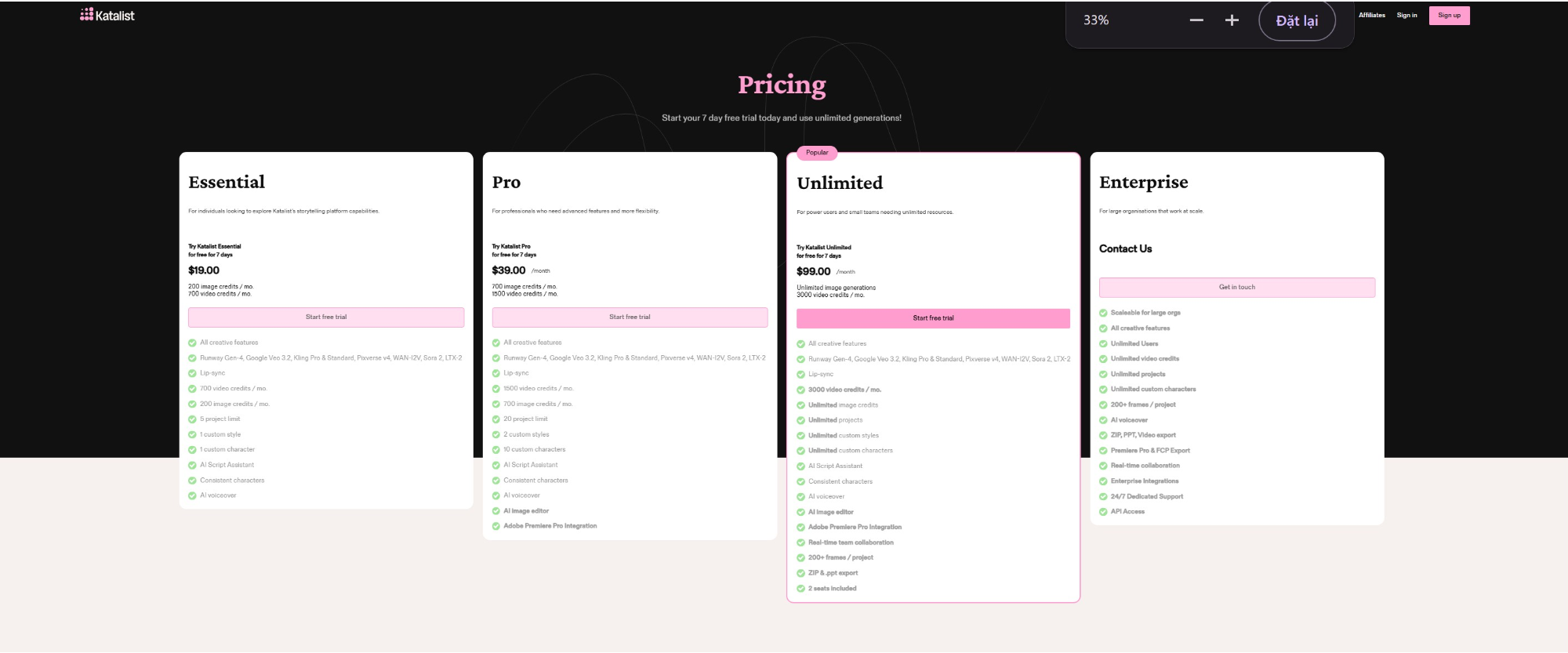 Katalist pricing plans for agentic AI automation tools, offering a free trial to create AI video free online before upgrading.